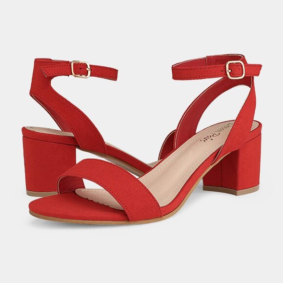 Dream Pairs Womens Red Suede Faux Suede Rounded Toe Ankle Strap Heeled Sandal - Picture 2 of 7